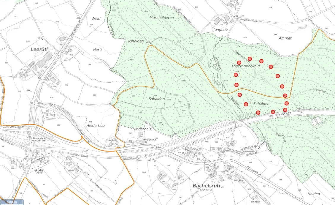 Rot eingepunktet ist die ungefähre Lage der geplanten Deponie Tägernauer Holz bei Gossau mit einem Volumen von 750000 Kubikmeter; Stand Februar 2023